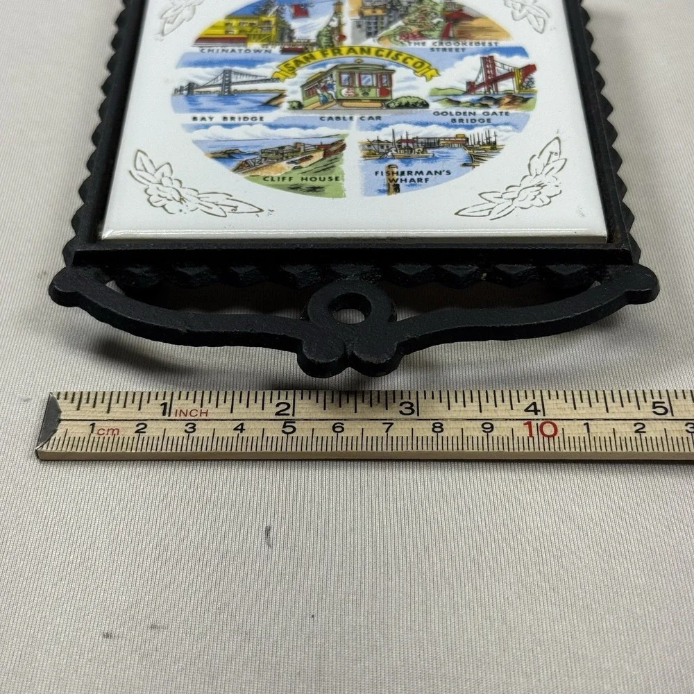 Vintage Tile Cast Iron Trivet San Francisco SNCO Japan Cable Car Chinatown 9.25